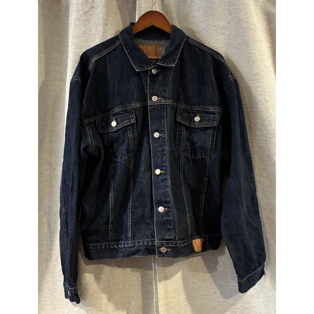 Vintage 90s Guess Jeans Denim Jacket USA Sz XXL Dark Wash Blue Trucker Button